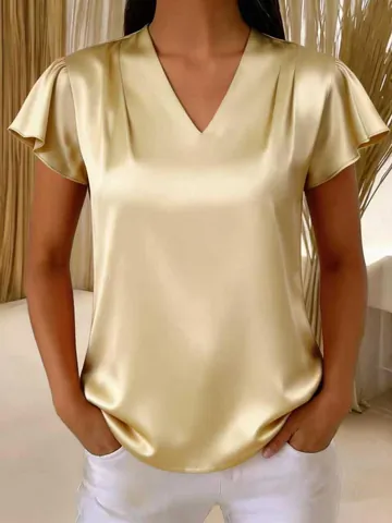Women V Neck Flutter Sleeve Blouse Pleated Satin Texture Polyester Top Elegant Casual Business Office Shirt