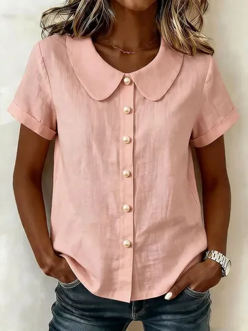 Women Elegant Peter Pan Collar Short Sleeve Blouse Casual Loose Solid Color Polyester Shirt With Pearl Buttons For Summer Daily
