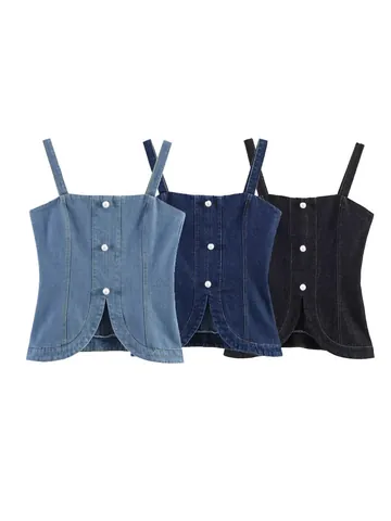 Women Denim Camisole Sexy Slim Fit Artificial Pearl Button Strap Top Sleeveless Vest Summer Streetwear Woven Cotton Blend Top