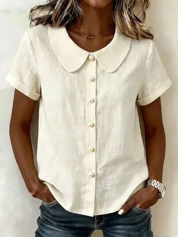 Women Elegant Peter Pan Collar Short Sleeve Blouse Casual Loose Solid Color Polyester Shirt With Pearl Buttons For Summer Daily