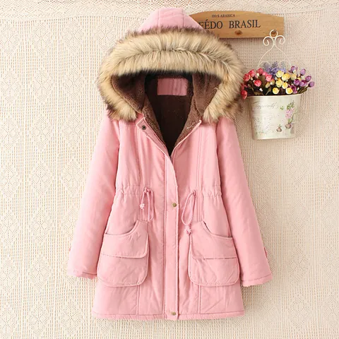 Women Mid-Length Hooded Cotton Padded Jacket With Large Faux Fur Collar Drawstring Slim Warm Polyester Quilted Winter Coat