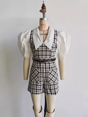 Women Plaid Patchwork Romper Puff Sleeve Peter Pan Collar Jumpsuit With Belt Elegant Contrast Summer One Piece Playsuit