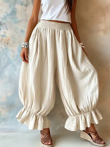 Women's Casual Cotton Linen Blend Ruffle Lantern Pants Loose Boho Harem Trousers With Elastic Waist Flare Bloomers For Summer