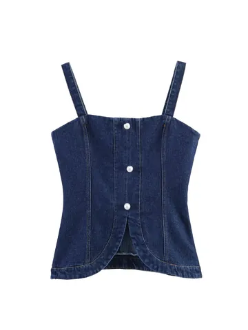 Women Denim Camisole Sexy Slim Fit Artificial Pearl Button Strap Top Sleeveless Vest Summer Streetwear Woven Cotton Blend Top