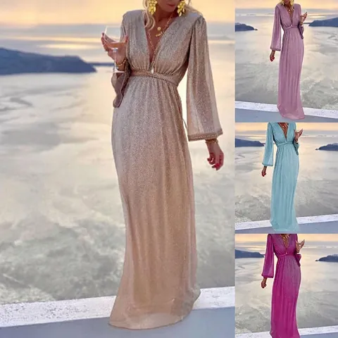 Women Elegant V-Neck Long Sleeve Sequin Maxi Dress Luxurious Glitter Evening Party Dress Wedding Guest Formal Gown Long Dress