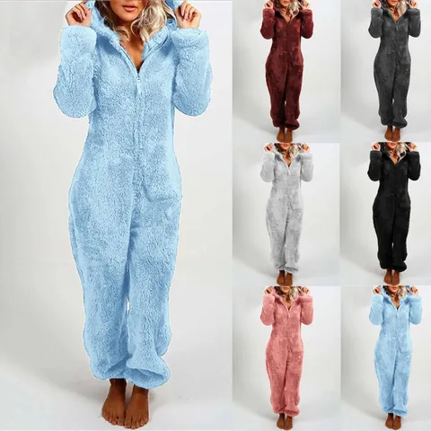 Women's Solid Color Hooded Long Sleeve Plush Jumpsuit One Piece Pajamas Front Zipper Loungewear Cozy Fleece Romper