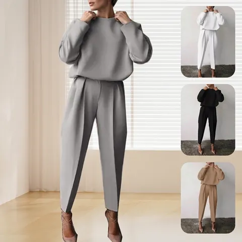 Women Linen Blend Top And Bottom Set Solid Color Long Sleeve Casual Lounge Wear High Waist Straight Pants Suit