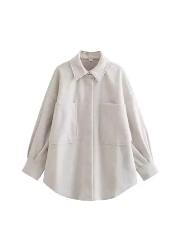 Giacca a Camicia Shacket da Donna in Misto Lana di Poliestere Oversize Monopetto Tinta Unita Manica Lunga con Tasche