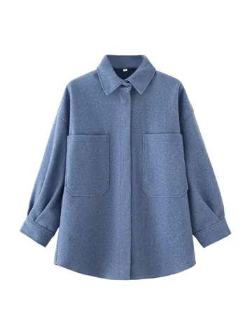 Giacca a Camicia Shacket da Donna in Misto Lana di Poliestere Oversize Monopetto Tinta Unita Manica Lunga con Tasche