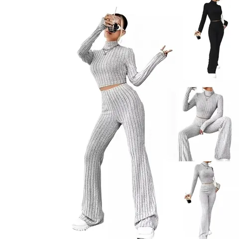 Completo Top E Pantaloni In Maglia A Costine Da Donna Tinta Unita Manica Lunga Collo Alto Crop Top Pantaloni A Zampa