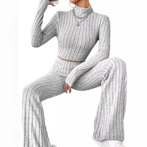 Completo Top E Pantaloni In Maglia A Costine Da Donna Tinta Unita Manica Lunga Collo Alto Crop Top Pantaloni A Zampa