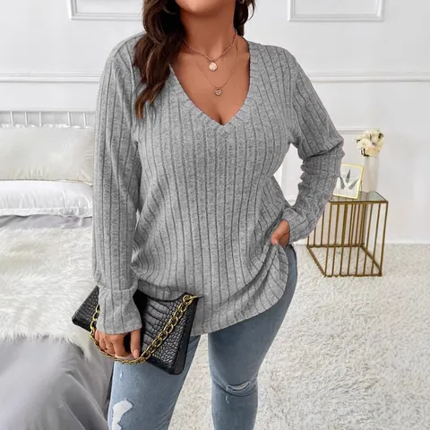 Damen Übergröße V-Ausschnitt Langarm T-Shirt Rippstrick Einfarbig Gebürsteter Stoff Lässiges Basic Top Für Herbst Winter