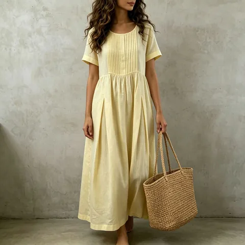 Women Cotton Linen Midi Dress Short Sleeve Pleated Loose Casual Solid Color Bohemian Style Summer Elegant Commuter Dress