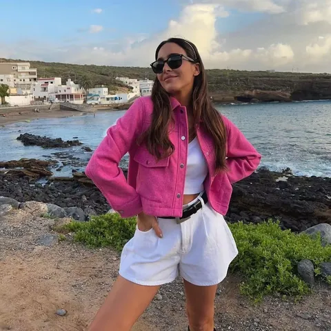 Giacca a Camicia in Lana di Poliestere da Donna Tinta Unita Rever Monopetto Cappotto Corto Con Tasche Streetwear Casual