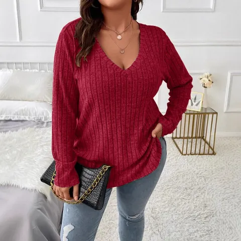Damen Übergröße V-Ausschnitt Langarm T-Shirt Rippstrick Einfarbig Gebürsteter Stoff Lässiges Basic Top Für Herbst Winter