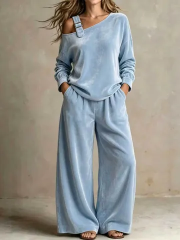 Elegante Completo in Velluto Monospalla con Top e Pantaloni per Donna Moda Autunno Inverno Pantaloni a Gamba Larga