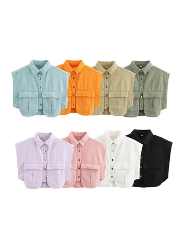 Women Sleeveless Cargo Vest Jacket Polo Neck Button Down Crop Top Solid Color Cotton Denim Look Shirt With Pockets