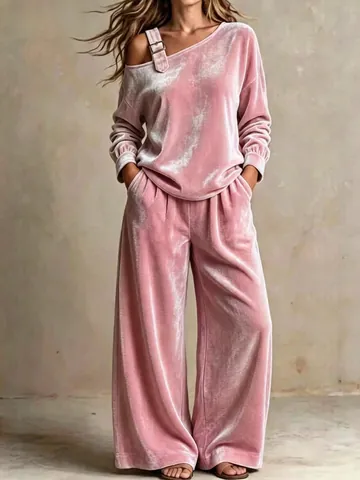 Elegante Completo in Velluto Monospalla con Top e Pantaloni per Donna Moda Autunno Inverno Pantaloni a Gamba Larga