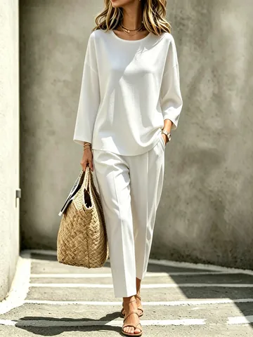 Women Urban Casual Long Sleeve Top And Straight Leg Pants Polyester Spandex Solid Color Minimalist Lounge Wear Outfit