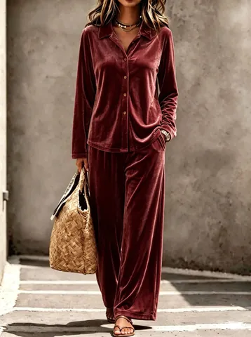 Damen Casual Samt Trainingsanzug Set Revers Knopf Langarm Top Und Weite Hose Zwei Stücke Outfits Koreanischen Samt Jogging Set