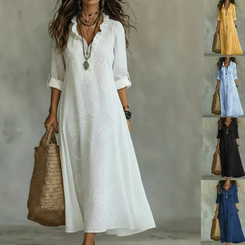 Women's Bohemian 3D Floral Printed Maxi Dress Elegant Polyester V-Neck Ruffle Long Sleeve Plus Size A-Line Long Dress