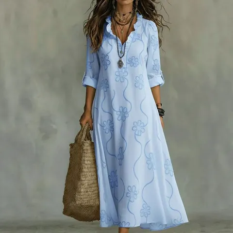 Women's Bohemian 3D Floral Printed Maxi Dress Elegant Polyester V-Neck Ruffle Long Sleeve Plus Size A-Line Long Dress