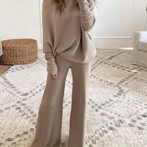 Donna Casual Manica a Pipistrello Maglia Sopra E Sotto Tinta Unita Spalle Scoperte Vita Alta Pantaloni a Gamba Larga Set