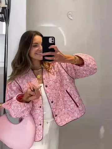 Women Vintage Paisley Print Quilted Jacket V Neck Single Breasted Padded Coat Casual Loose Long Sleeve Warm Puffer Outerwear