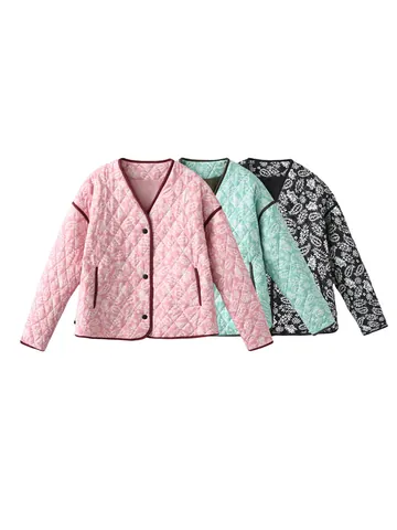 Women Vintage Paisley Print Quilted Jacket V Neck Single Breasted Padded Coat Casual Loose Long Sleeve Warm Puffer Outerwear