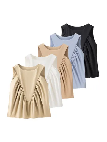 Débardeur Femme Sans Manches Col en V Plissé Couleur Unie Décontracté Basique Pull Été Gilet Top Mode Vêtements