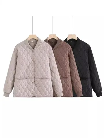 Women's Casual Quilted Cotton Jacket Fall Winter Loose Fit Diamond Pattern Button Down Ribbed Trim Padded Coat Outerwear