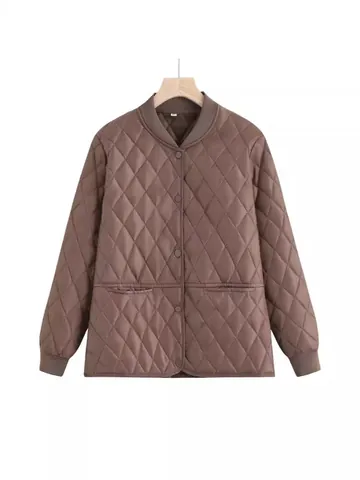 Women's Casual Quilted Cotton Jacket Fall Winter Loose Fit Diamond Pattern Button Down Ribbed Trim Padded Coat Outerwear