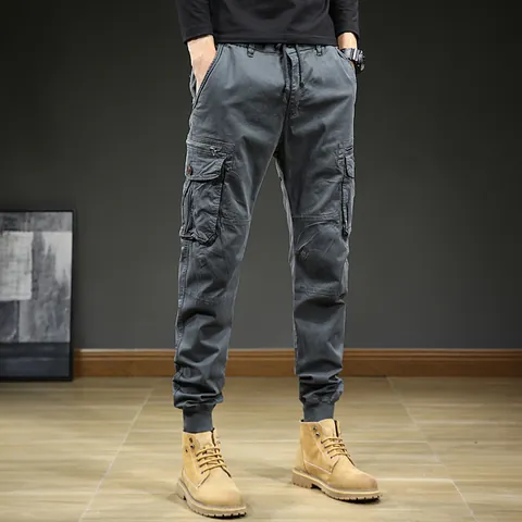 Men Casual Cotton Cargo Pants Japanese Style Multi Pocket Jogger Pants For Outdoor Fashion Bottom