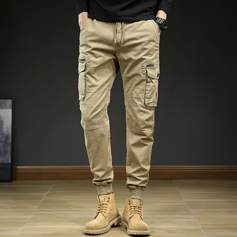 Men Casual Cotton Cargo Pants Japanese Style Multi Pocket Jogger Pants For Outdoor Fashion Bottom