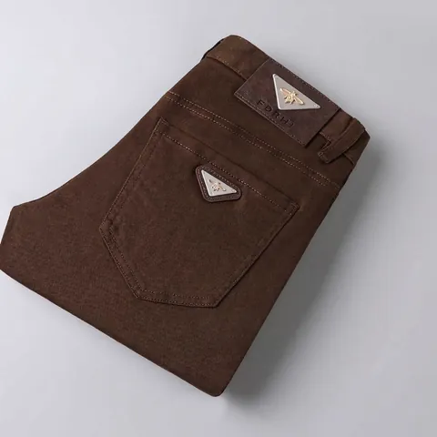 Men Trendy Fashion Slim Fit Jeans Business Casual Cotton Washed Denim Pencil Pants Solid Color Trousers With Bee Logo
