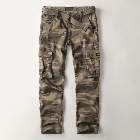 Men's American Vintage Cargo Pants Multi-Pocket Cotton Camouflage Casual Outdoor Straight Leg Work Trousers With Belt