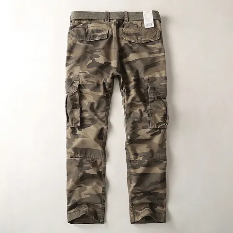 Men's American Vintage Cargo Pants Multi-Pocket Cotton Camouflage Casual Outdoor Straight Leg Work Trousers With Belt