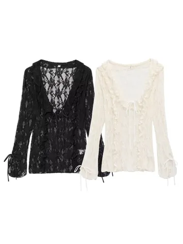 Camicetta in Pizzo Retrò Francese Scollo a V Donna Volant Traforata Manica a Campana Stringata Top Sexy Elegante Maglia Trasparente