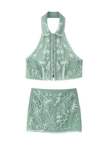 Γυναικείο Halter Top σε Πράσινο Φασκόμηλο και Μίνι Φούστα Κέντημα Soutache Αμάνικο Top και Κάτω Μέρος Bodycon Resort Wear