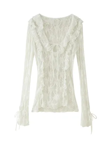 Camicetta in Pizzo Retrò Francese Scollo a V Donna Volant Traforata Manica a Campana Stringata Top Sexy Elegante Maglia Trasparente