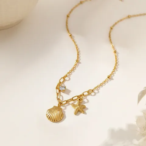 Ocean Style Titanium Steel Starfish Shell Pendant Necklace Anklet Gold Steel Color Zirconia Clavicle Chain Jewelry For Women