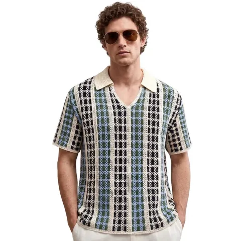 Men American Vintage Striped Crochet Knit Polo Shirt Loose Drop Shoulder Summer Casual Short Sleeve Hollow Out Knitted Top