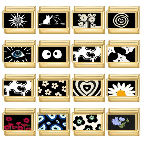 Gold Plated Stainless Steel Italian Charm Bracelet Links DIY Jewelry Making Heart Cat Evil Eye Flower Sun 8 Ball Pop Art Style