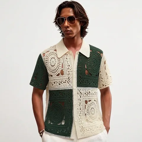Men Vintage Hollow Out Crochet Knitted Polo Shirt Contrast Color Block Short Sleeve Cardigan Casual Summer Breathable Top