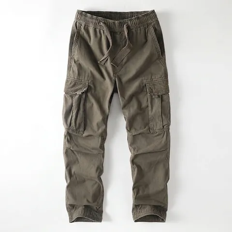 Men American Retro Cargo Pants Multi-Pocket Loose Straight Outdoor Jogger Casual Cotton Trousers With Drawstring Waist