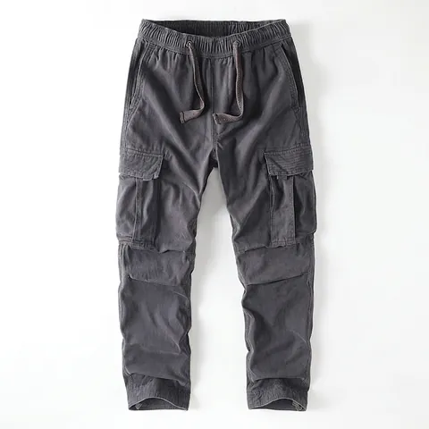 Men American Retro Cargo Pants Multi-Pocket Loose Straight Outdoor Jogger Casual Cotton Trousers With Drawstring Waist