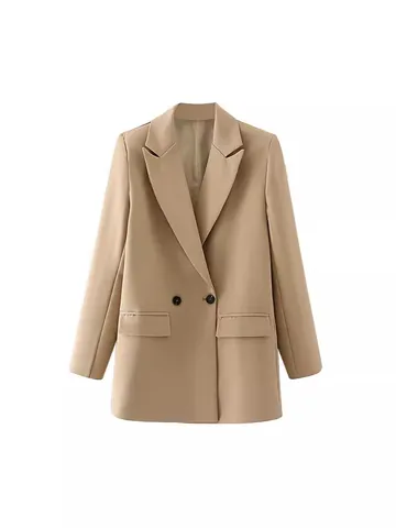 Women Double Breasted Blazer Jacket Notched Lapel Mid Length Casual Loose Fit Solid Color Suit Outerwear Office Lady Top