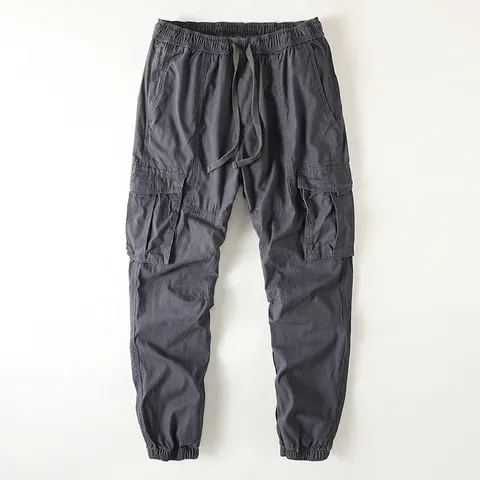 Men Casual Cargo Pants American Retro Cotton Loose Jogger Pants Multi-Pocket Drawstring Elastic Waist Spring Autumn Sweatpants