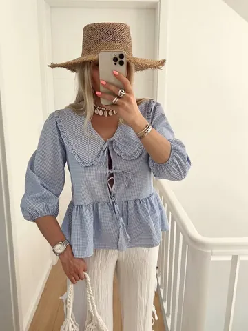 Women Plaid Blouse Peter Pan Collar Bow Tie Front Ruffle Peplum Top 3/4 Puff Sleeve Loose Gingham Shirt Summer Streetwear