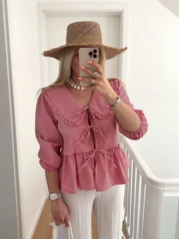 Women Plaid Blouse Peter Pan Collar Bow Tie Front Ruffle Peplum Top 3/4 Puff Sleeve Loose Gingham Shirt Summer Streetwear